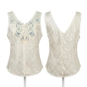 Vintage White Floral Jacquard Lace Cami Top Coquette Cottagecore Rosette Trim